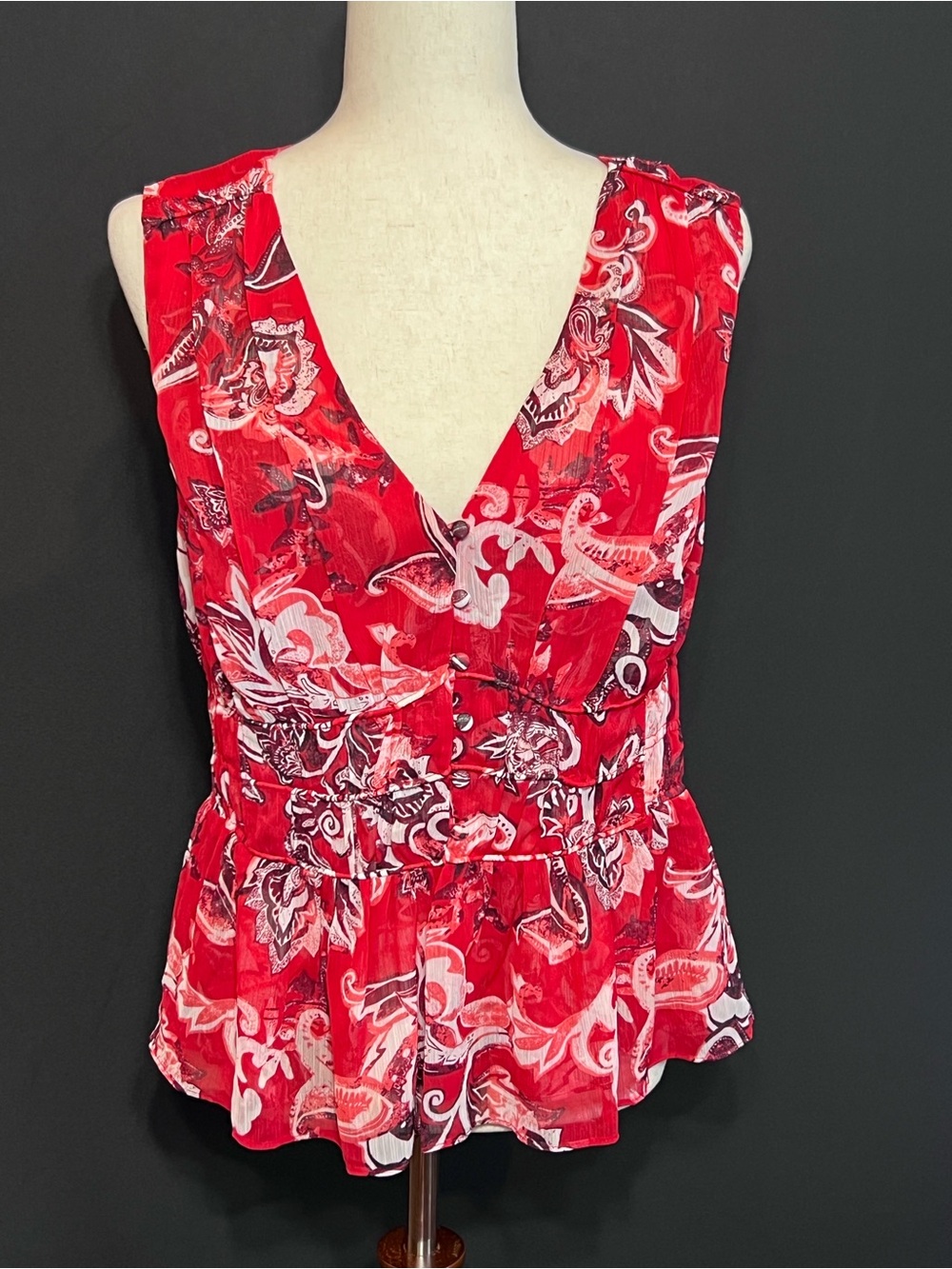White House Black Market Red Paisley V-Neck Peplum Camisole